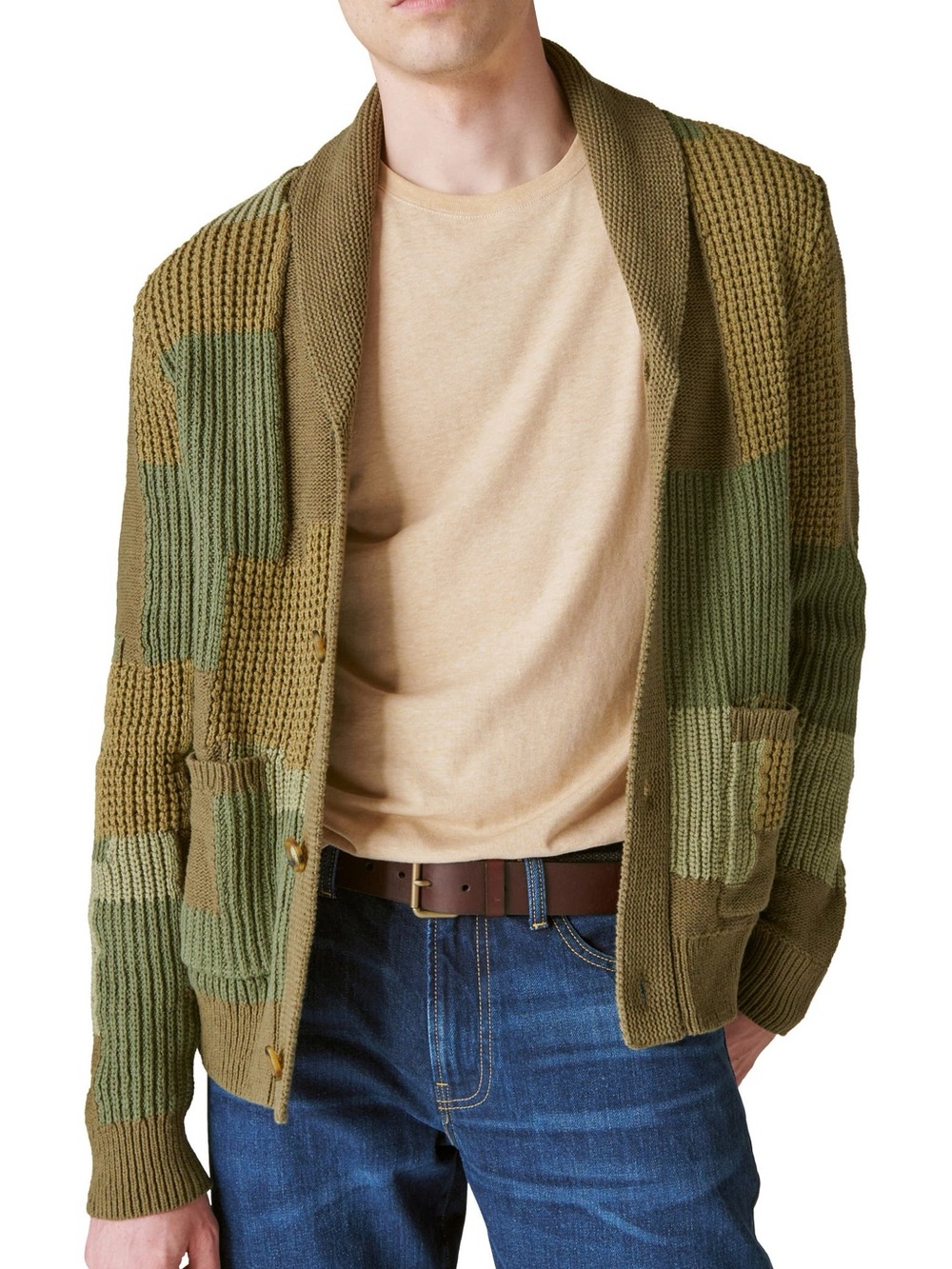 Lucky Brand Patchwork Shawl Collar Cardigan Sweater NWT Medium Olive Green